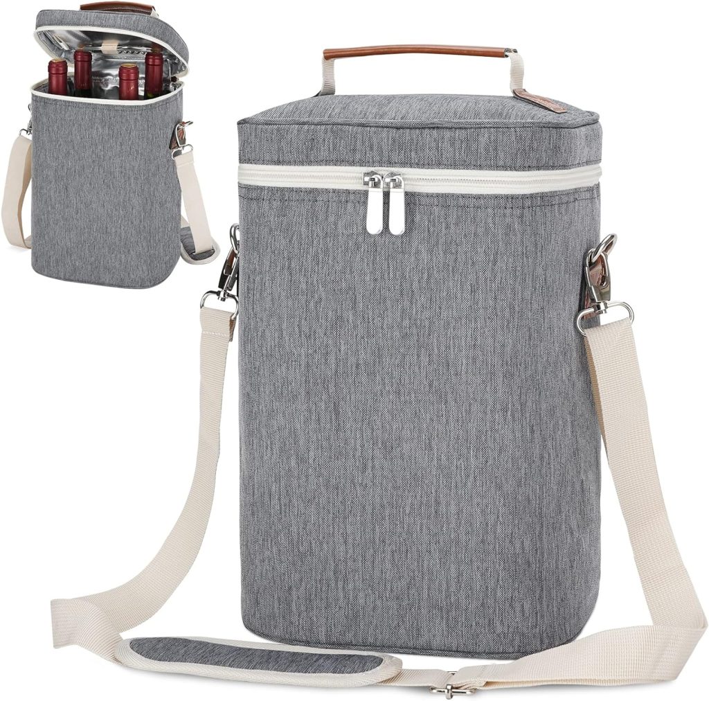 4 Bottle Wine Tote Carrier, Insulated Waxed Canvas Padded Wine Cooler Bag for Travel, Party, Beach, Weeding, Best Gift for Wine Lover, Portable Wine Tote Bag with Corkscrew Opener and Cork(Grey)