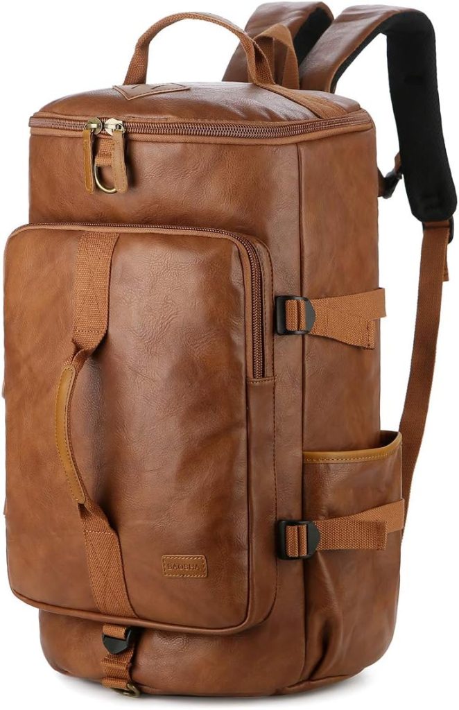 Baosha Stylish Vegan Leather Men Weekender Travel Duffel Tote Bag Backpack Travel Hiking Rucksack Overnight Bag 3-Ways Convertible HB-26 (Brown)