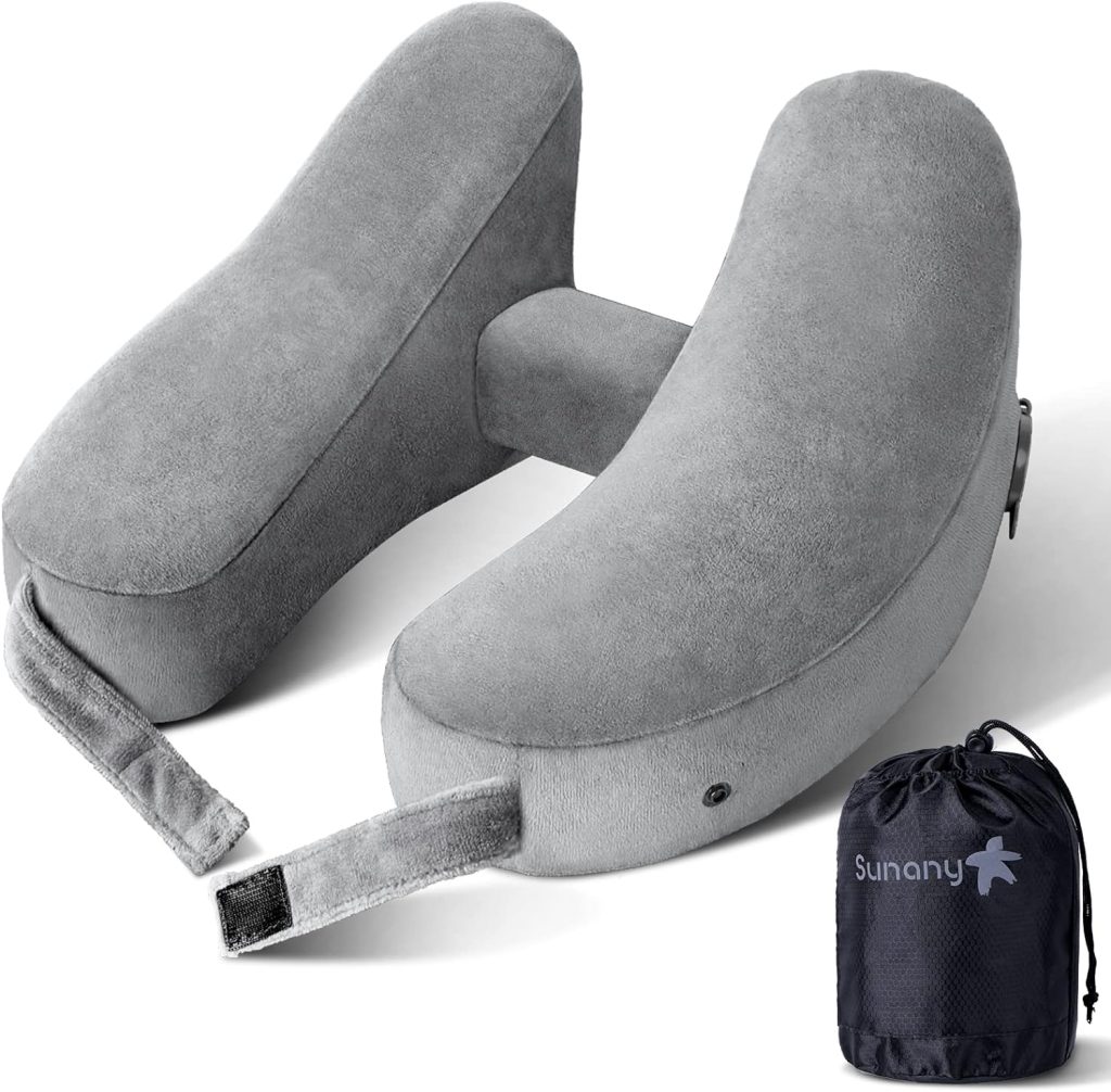 Neck Pillow for Travel Inflatable Airplane Pillow Comfortably Supports Head, Neck and Chin, Inflatable Travel Pillow with Soft Velour Cover and Portable Drawstring Bag (Grey)