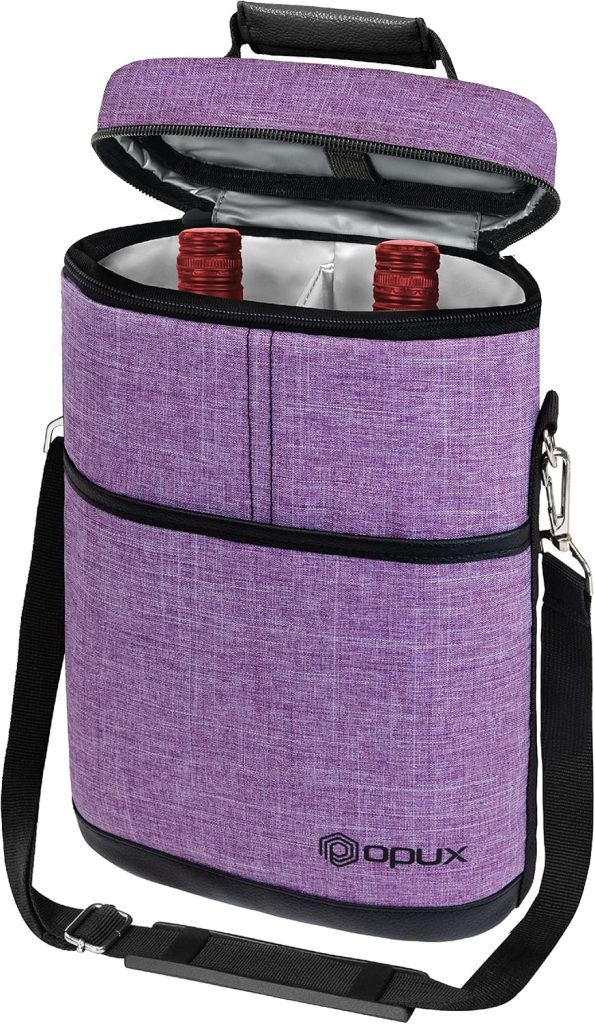 OPUX 2 Bottle Wine Carrier Tote, Insulated Leakproof Wine Cooler Bag, Wine Travel Bag for Picnic BYOB Beach, Portable Wine Bottle Carrying Case, Gift for Wine Lover Women Men Christmas, Purple